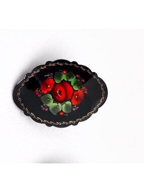Black Hand-Painted Floral Brooch